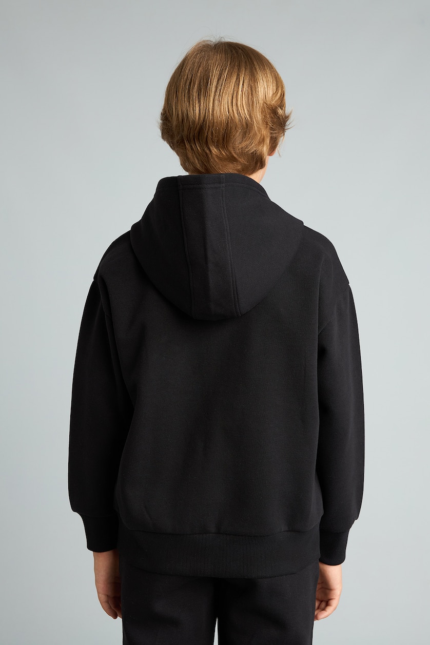 Erkek Çocuk - Genç Erkek Siyah Baskılı Kapüşonlu Sweatshirt Hırka Erkek Çocuk
