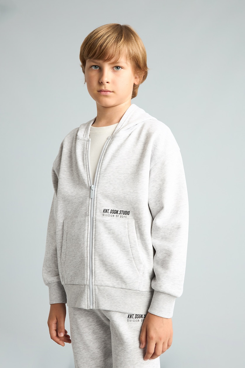 Boys & Teens Light Grey Melange جاكيت أولادي بطبعة شعار قماش سميك قصة عادية بغطاء للرأس