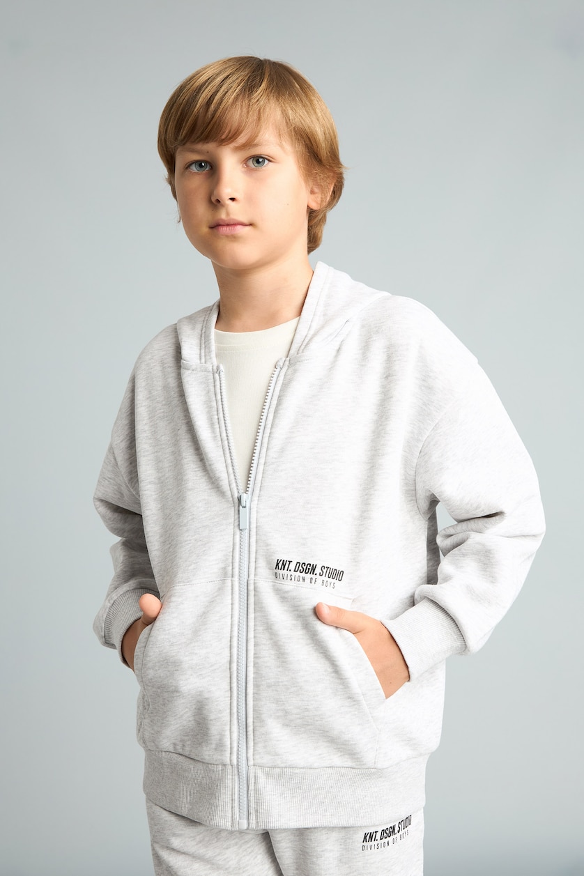 Boys & Teens Light Grey Melange جاكيت أولادي بطبعة شعار قماش سميك قصة عادية بغطاء للرأس