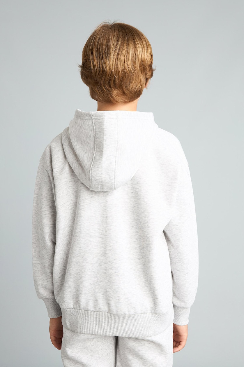 Boys & Teens Light Grey Melange جاكيت أولادي بطبعة شعار قماش سميك قصة عادية بغطاء للرأس
