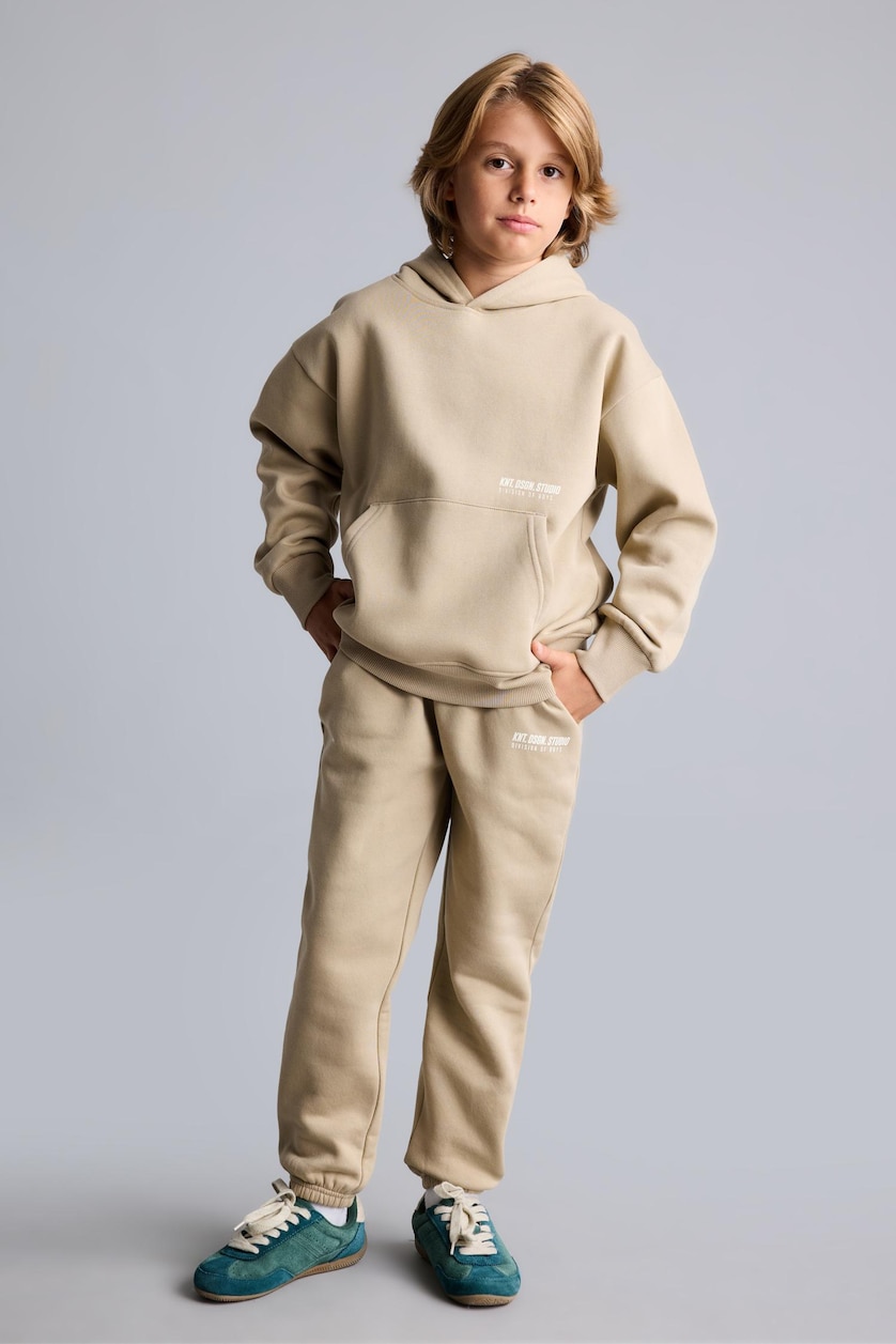 Young Boys - Teen Boys Light Beige Regular Fit Slogan Hooded Sweatshirt