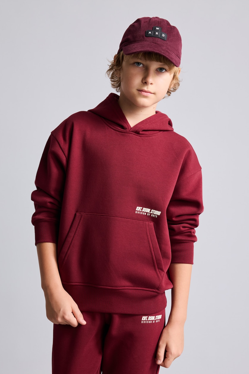 Erkek Çocuk - Genç Erkek Bordo Kapüşonlu Baskılı Sweatshirt Erkek Çocuk