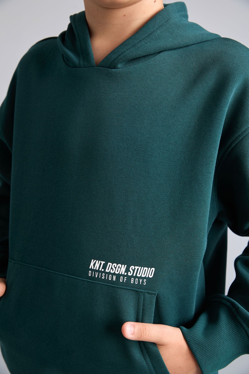 Boys & Teens Dark Green Boy Regular Fit Hooded Slogan Print Fleece Lined Thick Sweatshirt