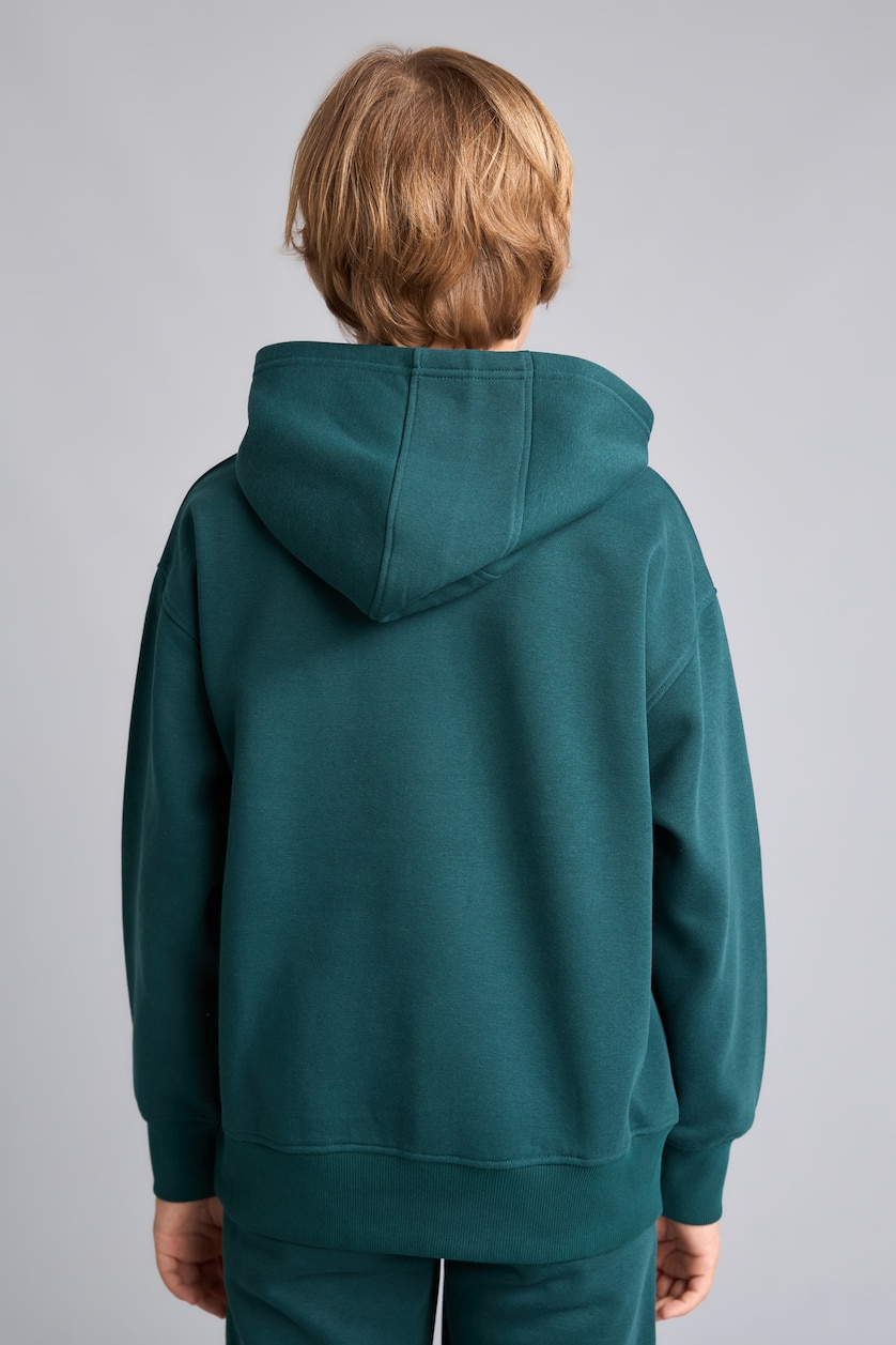 Boys & Teens Dark Green Boy Regular Fit Hooded Slogan Print Fleece Lined Thick Sweatshirt