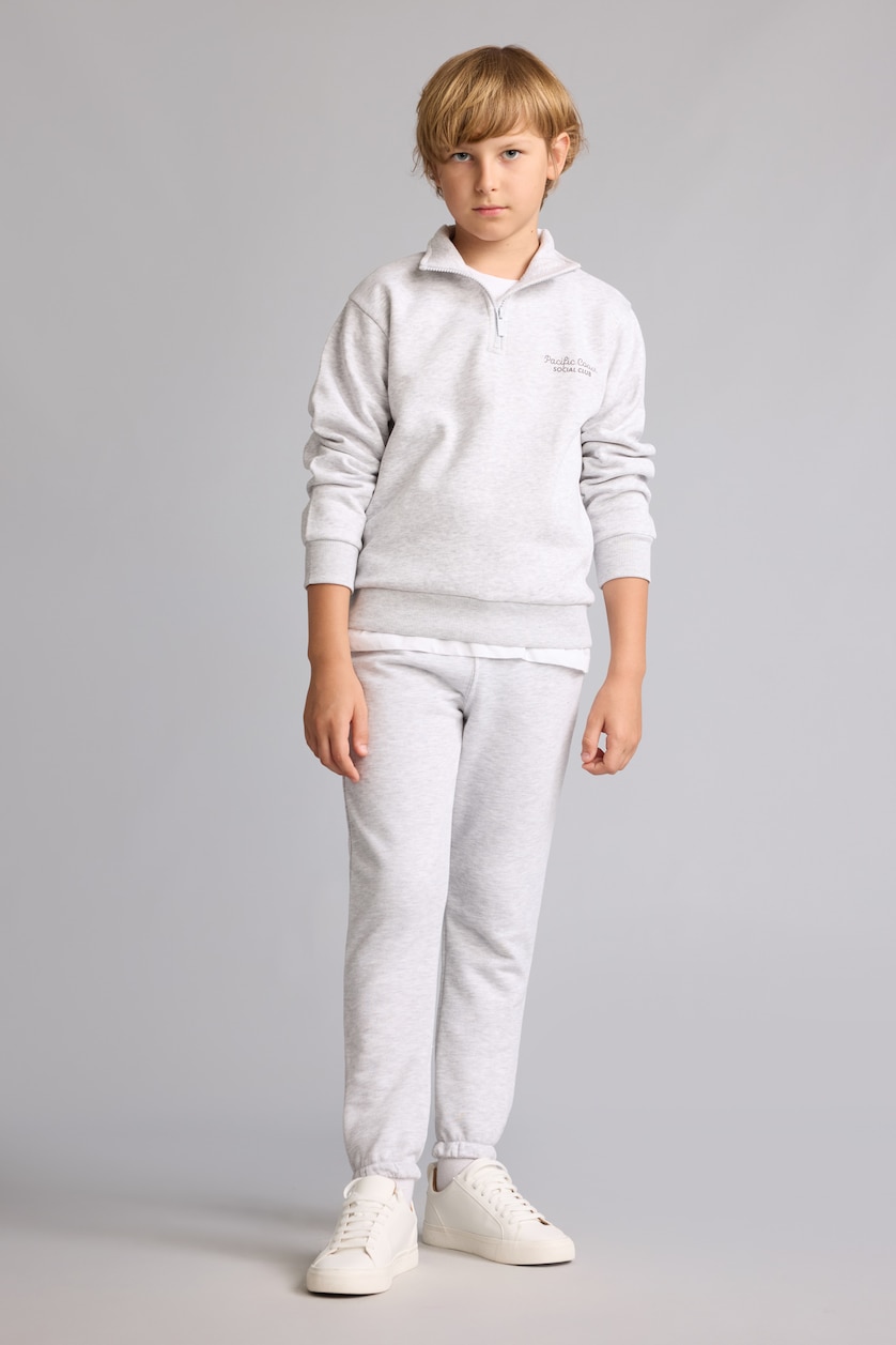 Boys & Teens Light Grey Melange Boy Stand Collar Soft Lined Thick Fabric Sweatshirt