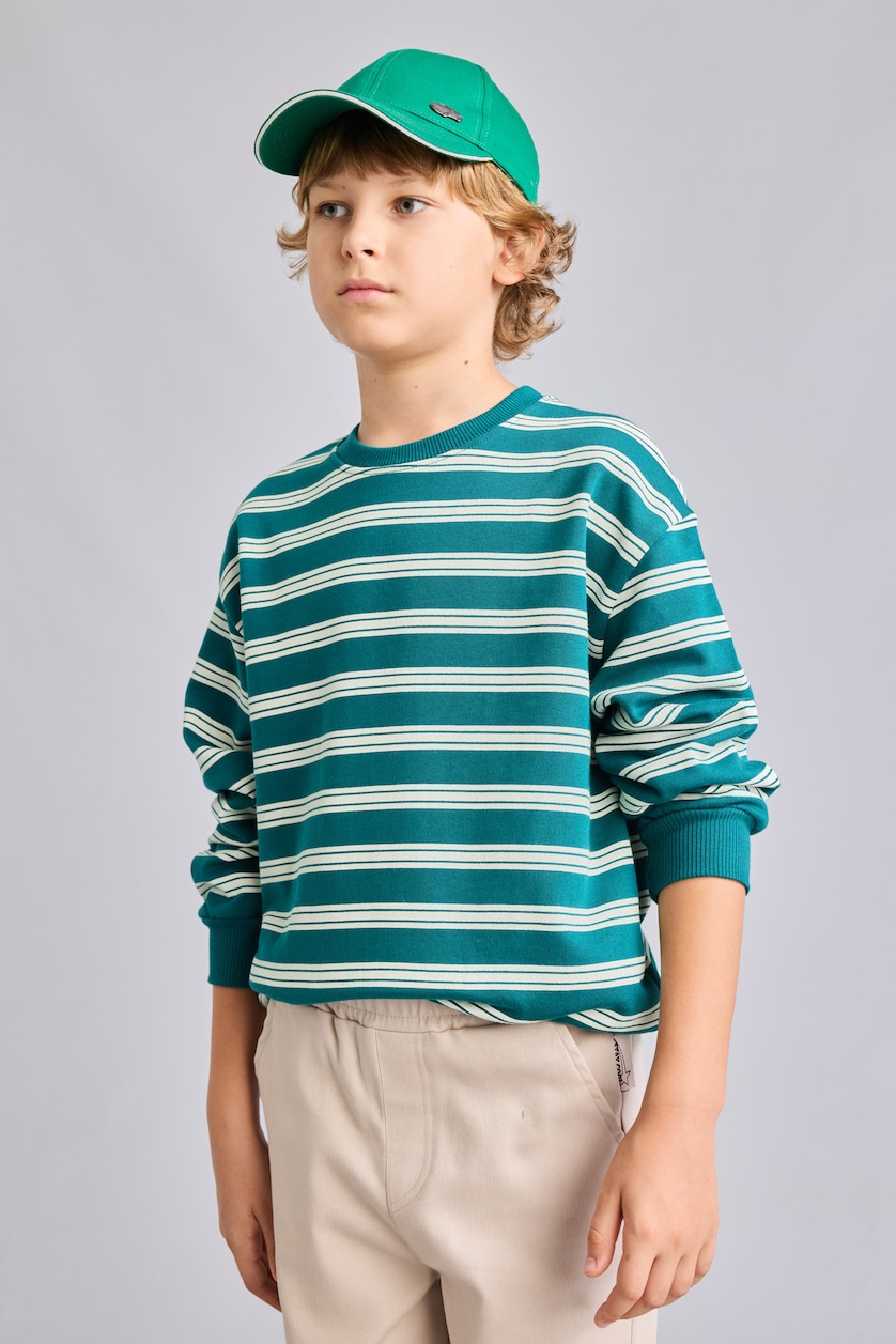 Boys & Teens Green Oversize Fit Printed Crew Neck Sweatshirt