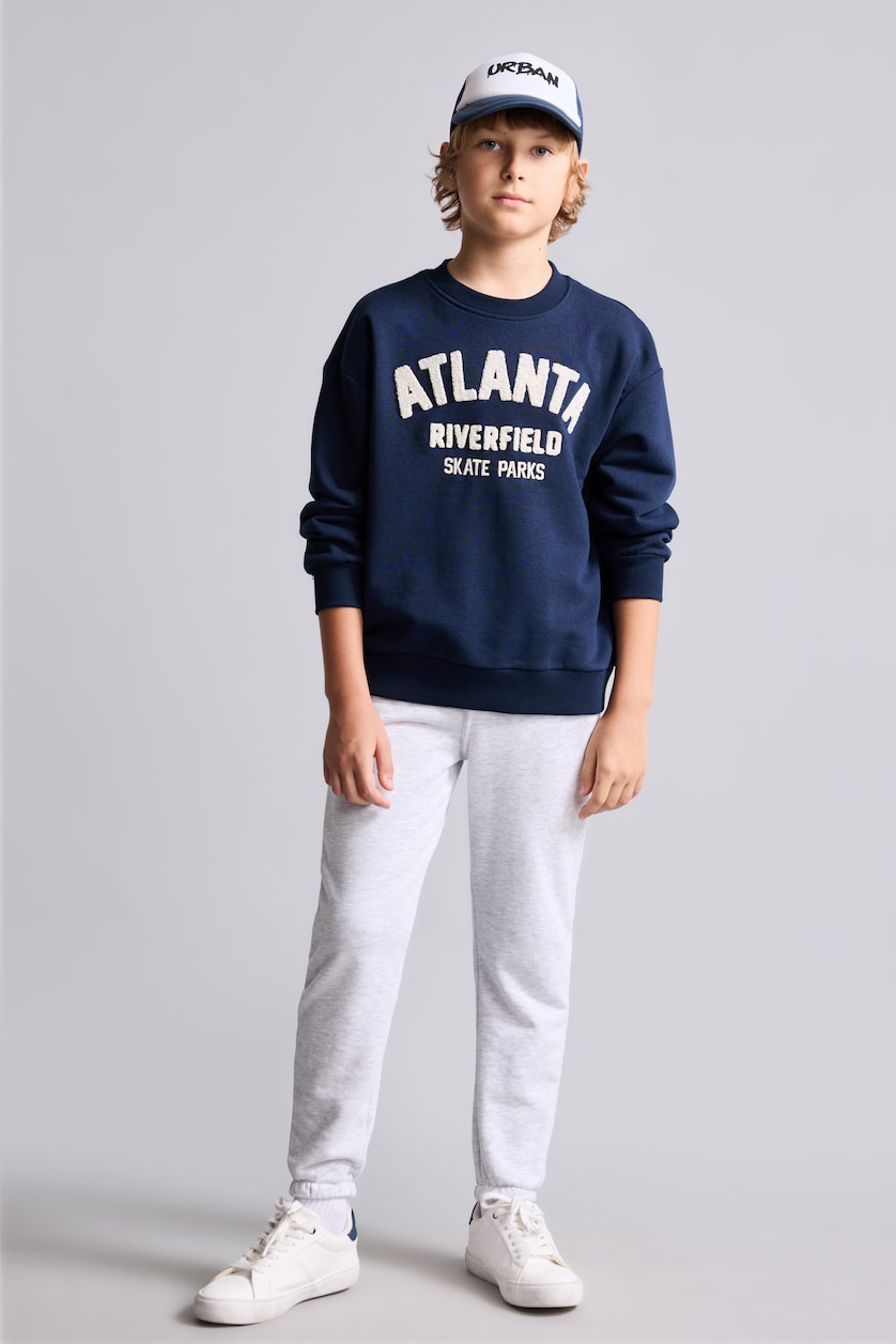 Erkek Çocuk - Genç Erkek Lacivert Oversize Yazı Nakışlı Sweatshirt Erkek Çocuk