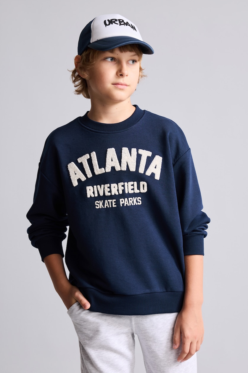 Erkek Çocuk - Genç Erkek Lacivert Oversize Yazı Nakışlı Sweatshirt Erkek Çocuk