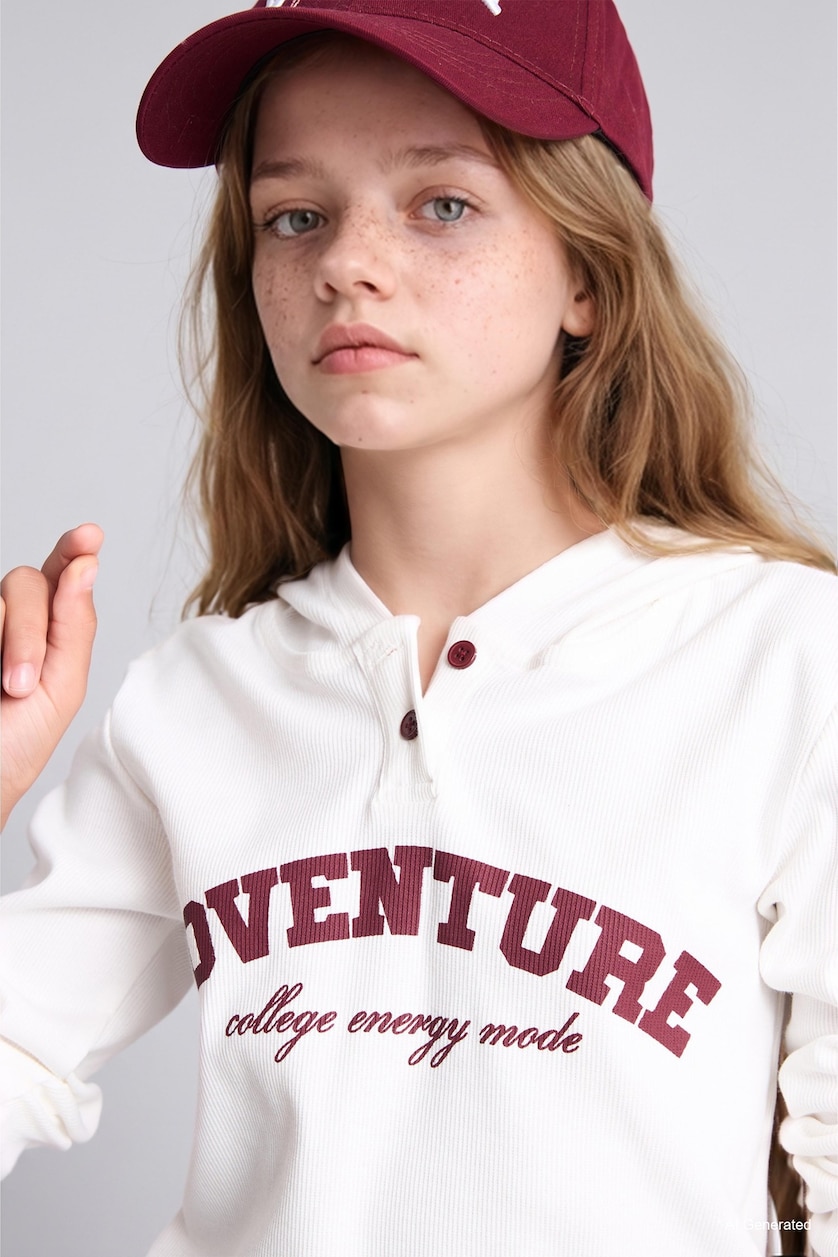 Young Girls - Teen Girls Ecru Girl Cotton Hooded Printed Ribbed Long Sleeve T-Shirt
