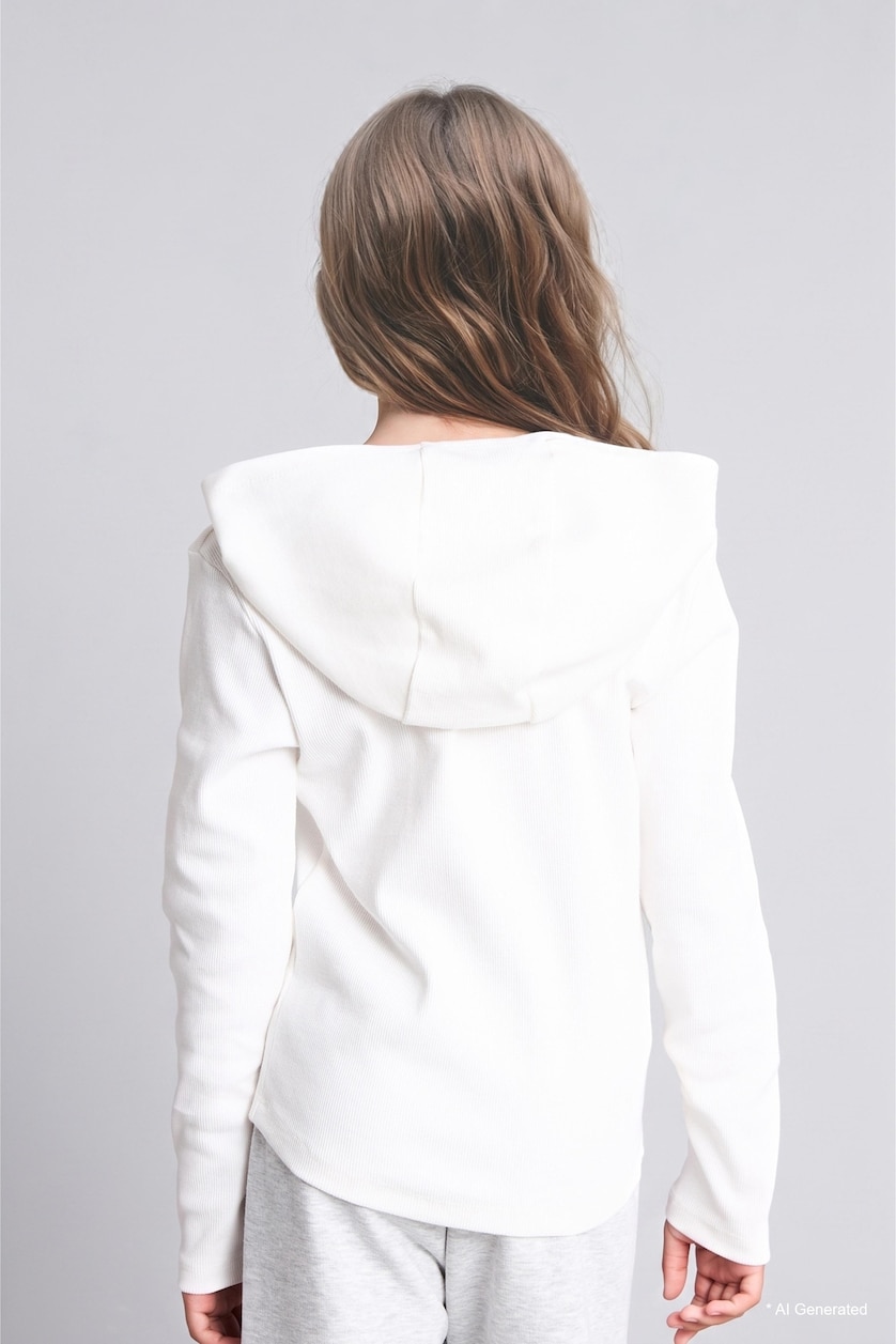 Young Girls - Teen Girls Ecru Girl Cotton Hooded Printed Ribbed Long Sleeve T-Shirt