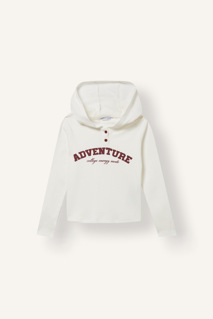 GIRLS & TEENS Ecru Girl Cotton Hooded Printed Ribbed Long Sleeve T-Shirt