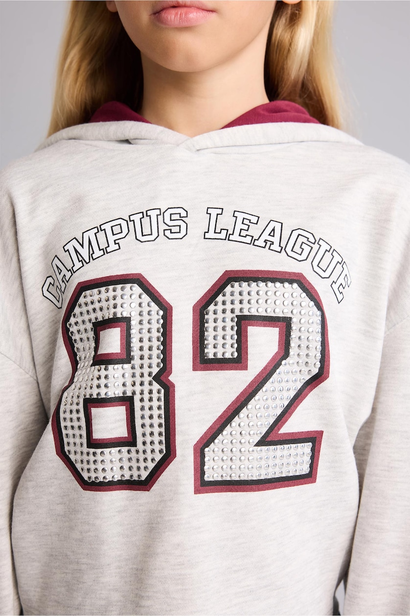 Young Girls - Teen Girls Light Grey Melange Relax Fit Slogan Hooded Sweatshirt