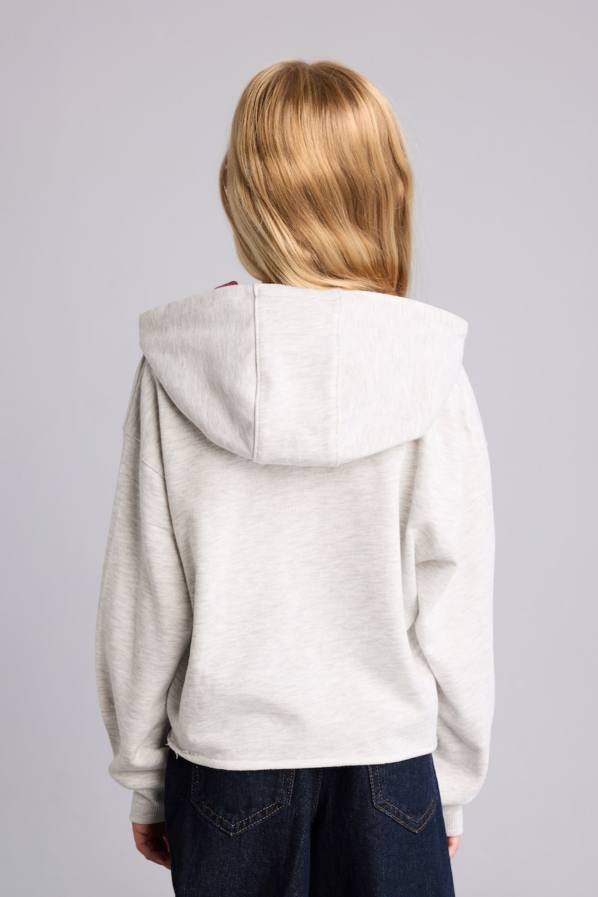 Young Girls - Teen Girls Light Grey Melange Relax Fit Slogan Hooded Sweatshirt