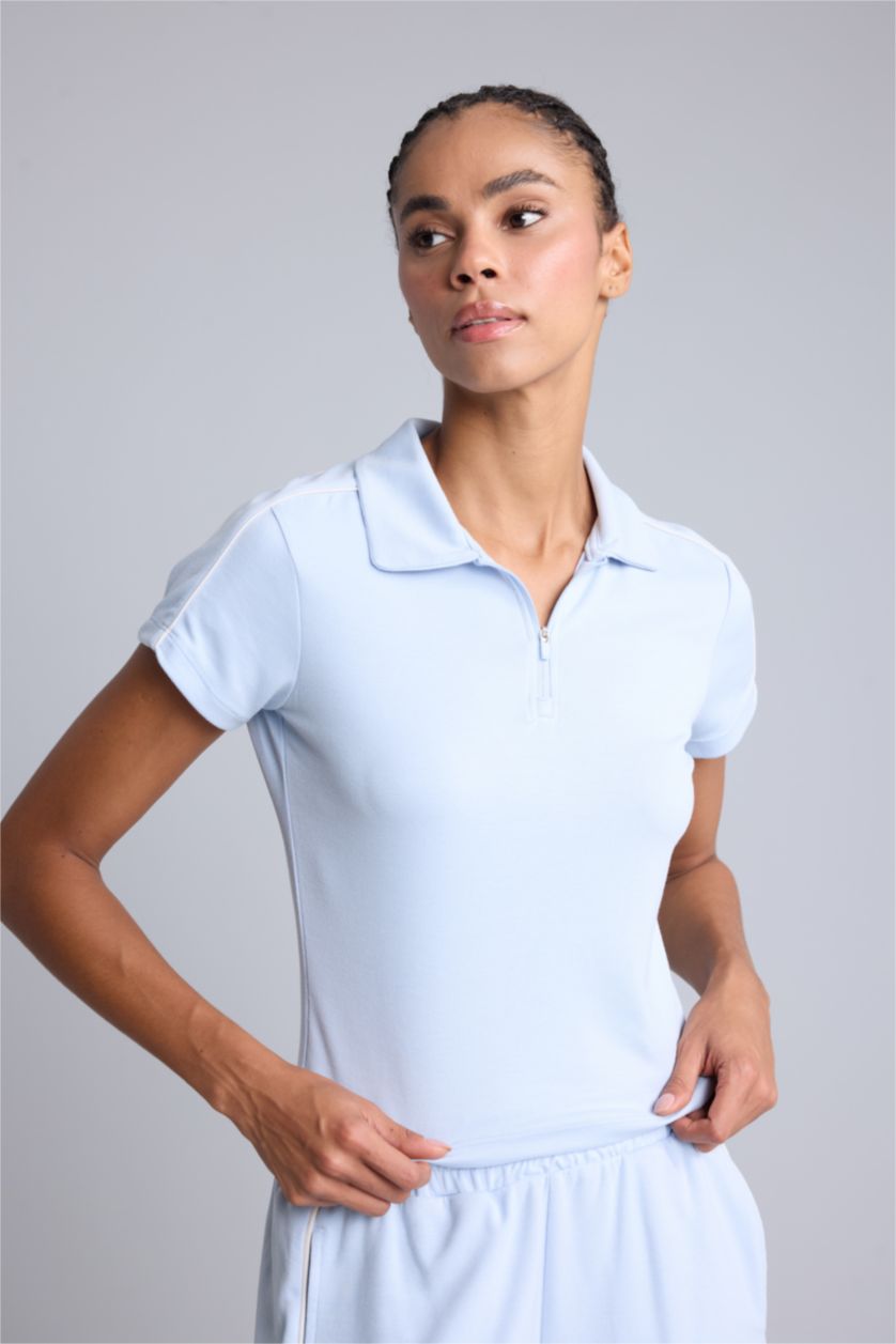 Women Light Blue Standard Fit modal Short Sleeve Polo T-Shirt