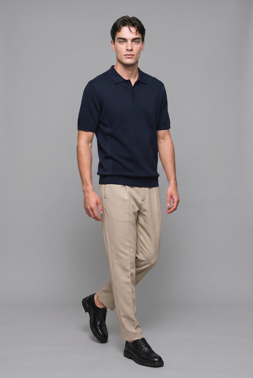 Erkek Lacivert Standart Fit Dokulu Triko Basic Polo Tişört
