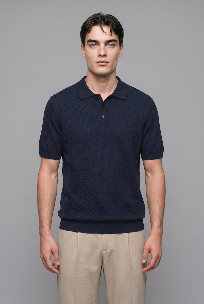 Erkek Lacivert Standart Fit Dokulu Triko Basic Polo Tişört