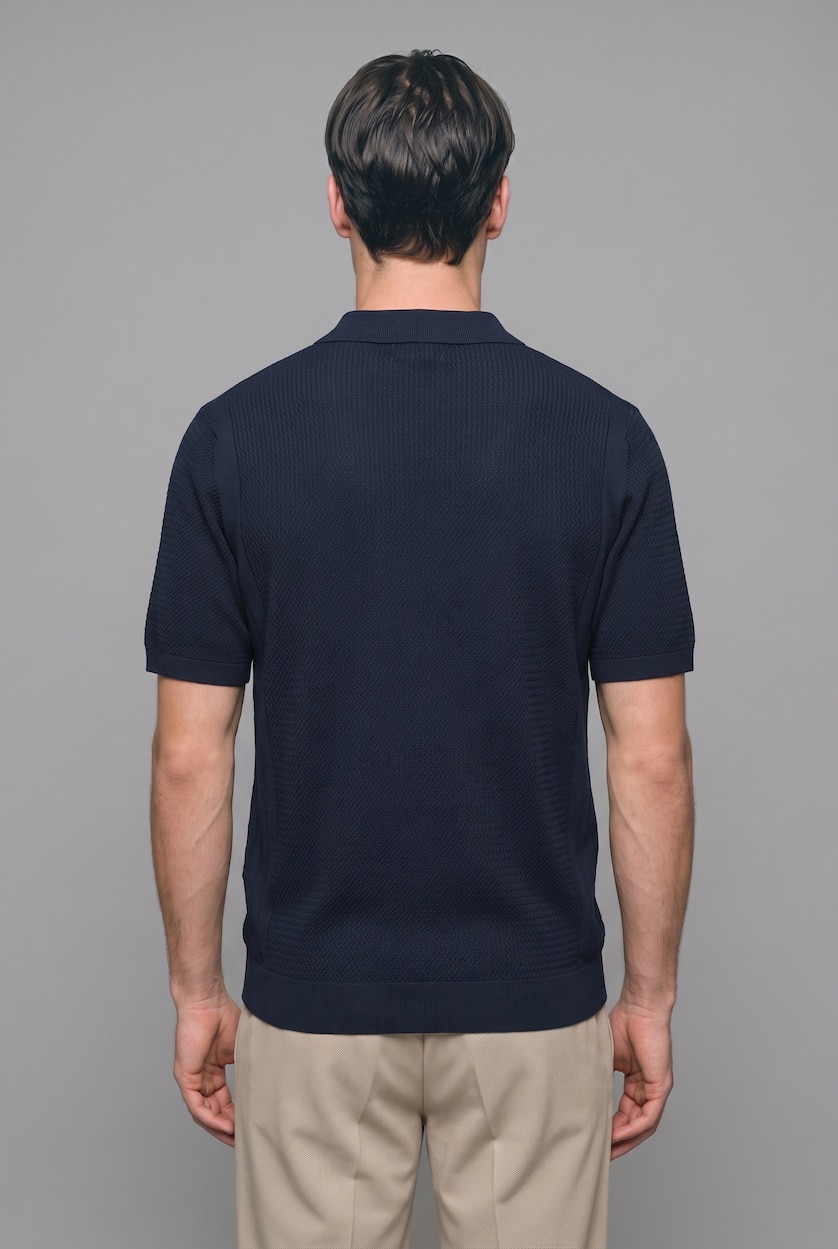 Erkek Lacivert Standart Fit Dokulu Triko Basic Polo Tişört