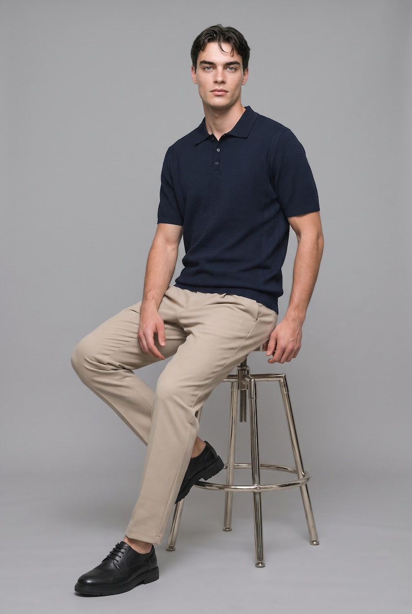 Erkek Lacivert Standart Fit Dokulu Triko Basic Polo Tişört
