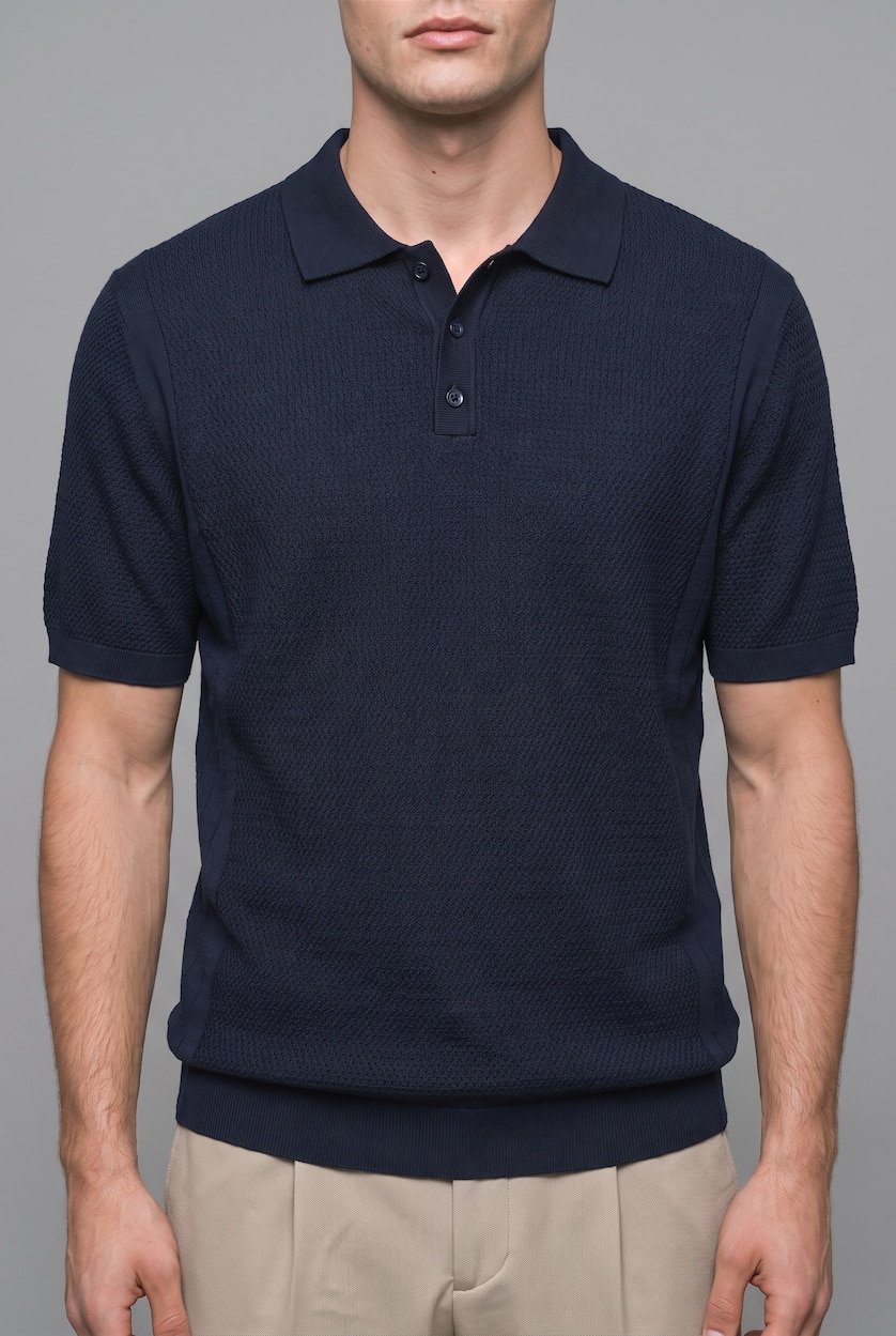 Erkek Lacivert Standart Fit Dokulu Triko Basic Polo Tişört