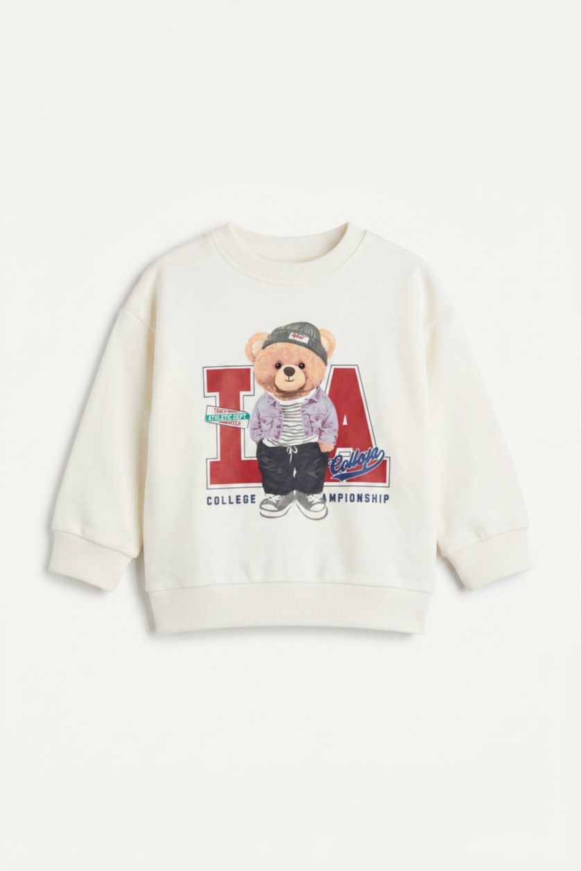Erkek Bebek Ekru Oversıze Ayıcık Baskılı Sweatshirt Erkek Bebek