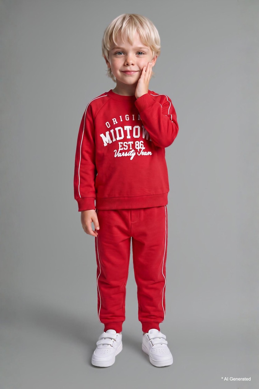 Erkek Bebek Kırmızı Baskılı Sweatshirt  Eşofman Altı 2'li Takım Erkek Bebek
