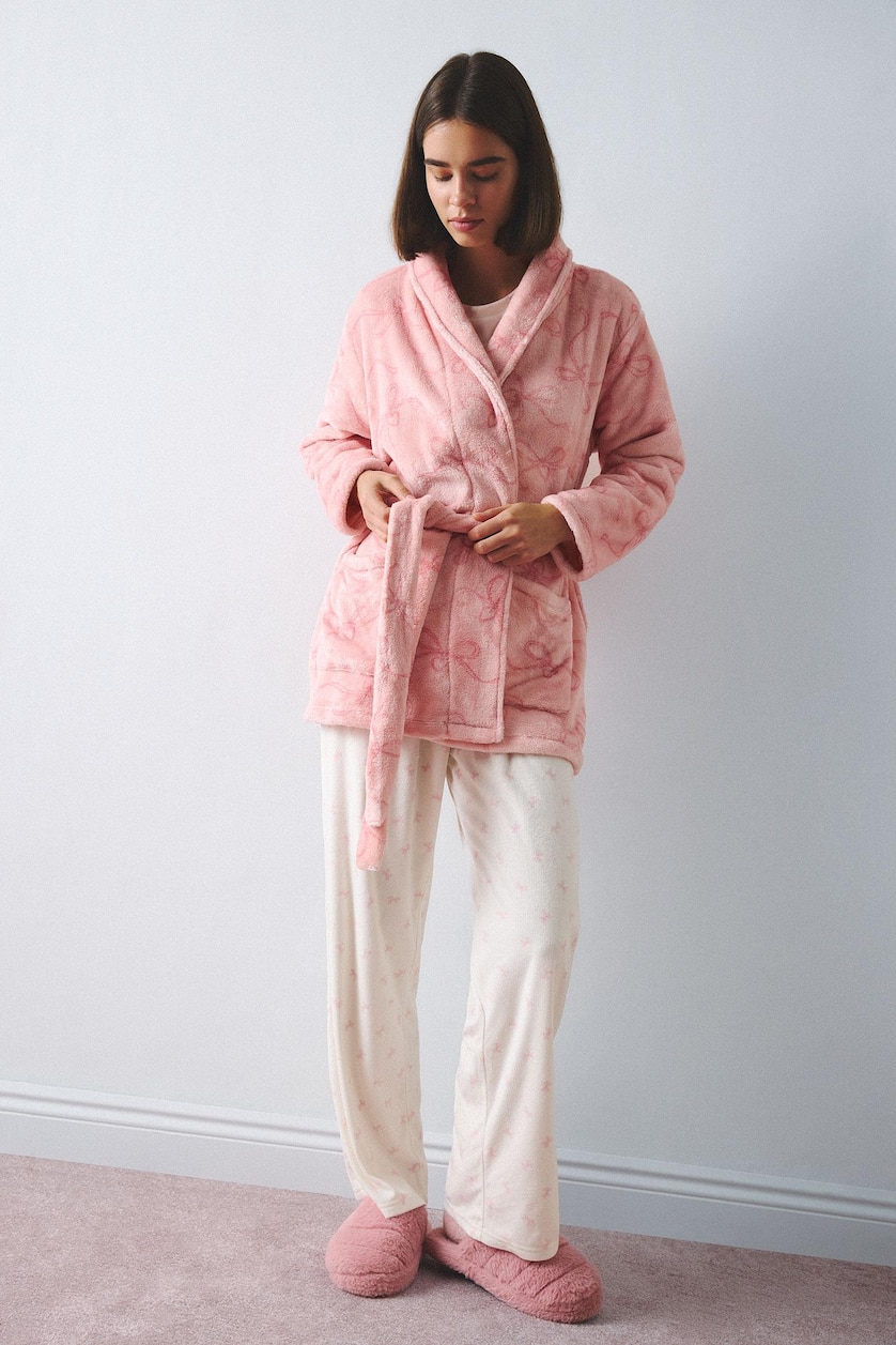 WOMAN Pink Regular Fit Wrap-Neck Plush Robe