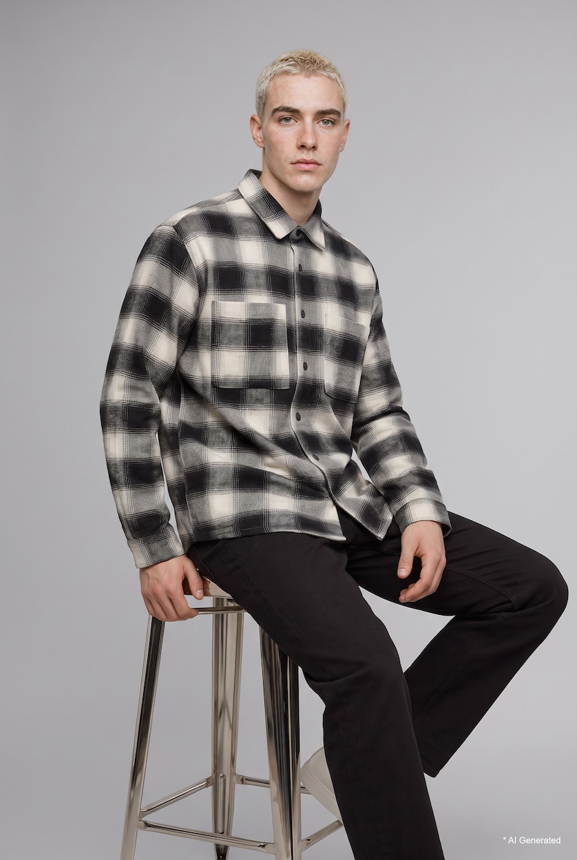 Мужчины Черный Рубашка Boxy Fit в клетку