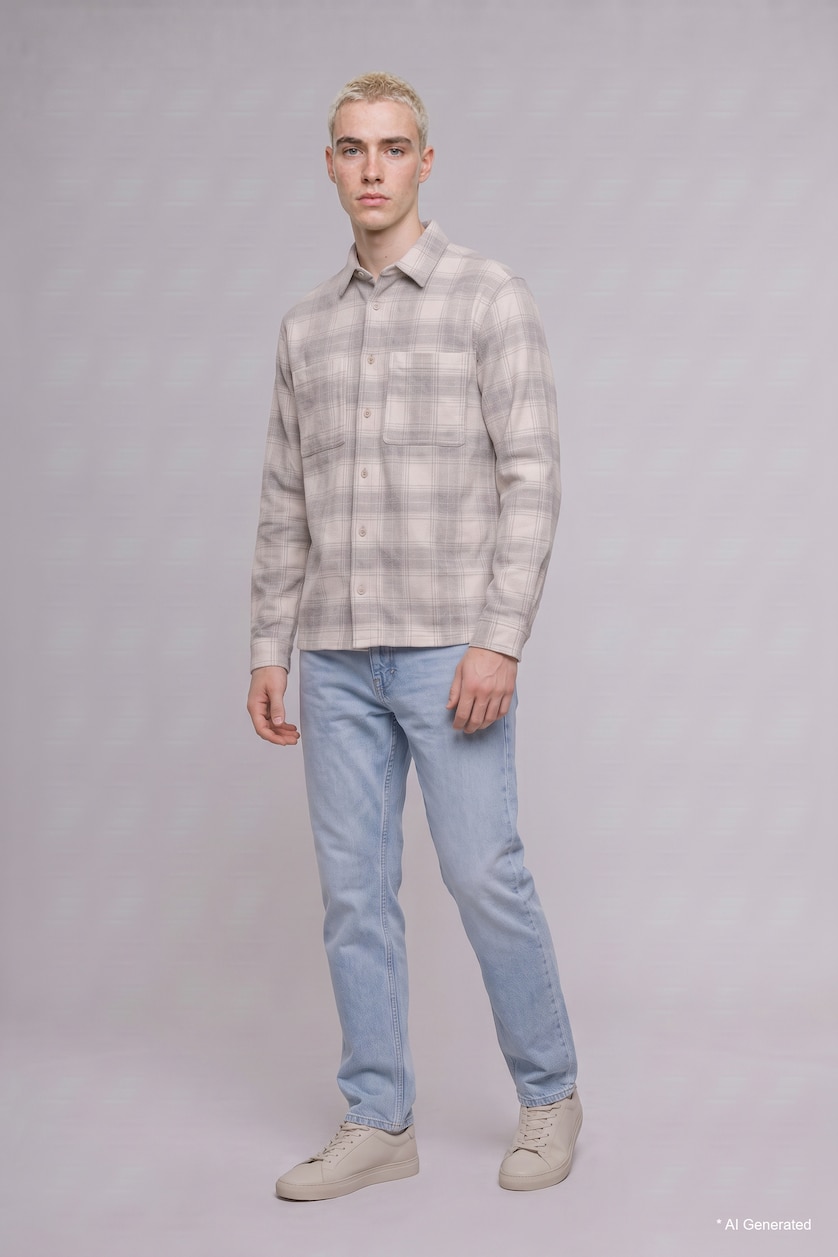 رجالي بيج فاتح Boxy Fit Long Sleeve Shirt