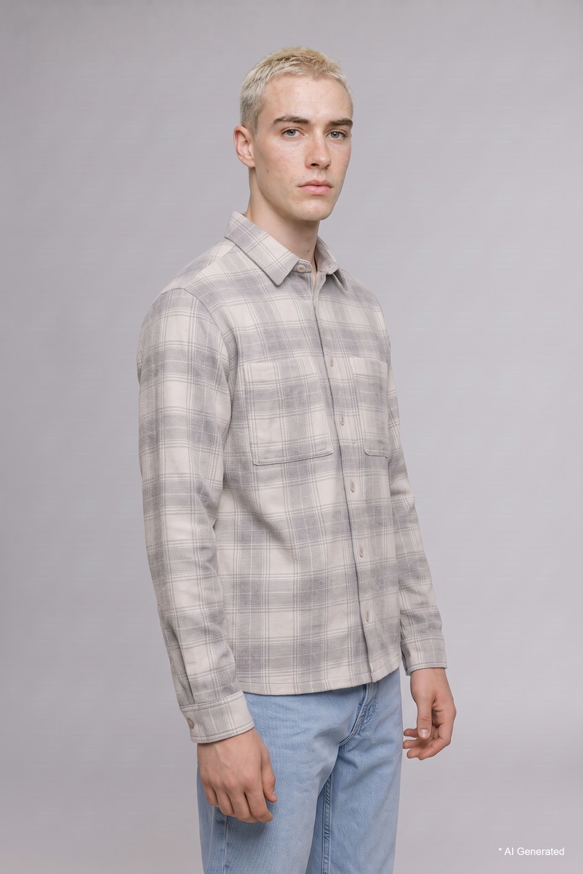 رجالي بيج فاتح Boxy Fit Long Sleeve Shirt
