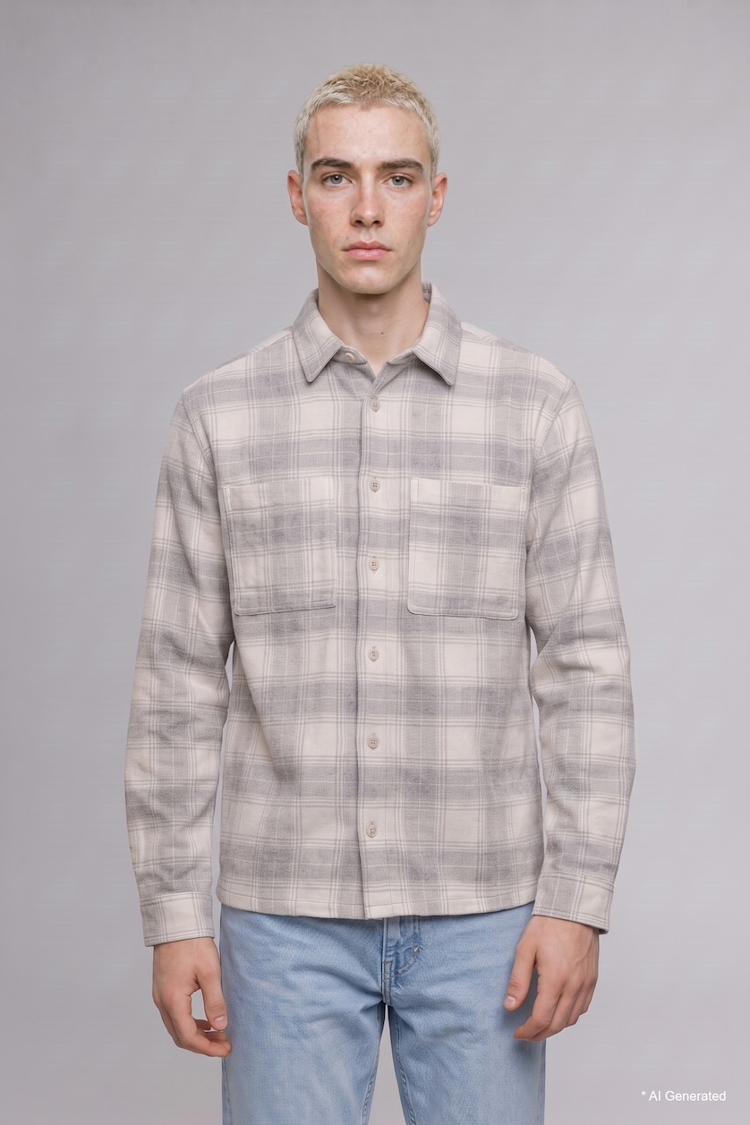 رجالي بيج فاتح Boxy Fit Long Sleeve Shirt