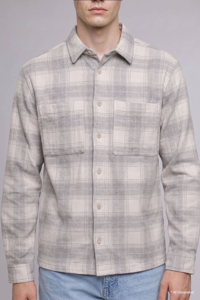 رجالي بيج فاتح Boxy Fit Long Sleeve Shirt