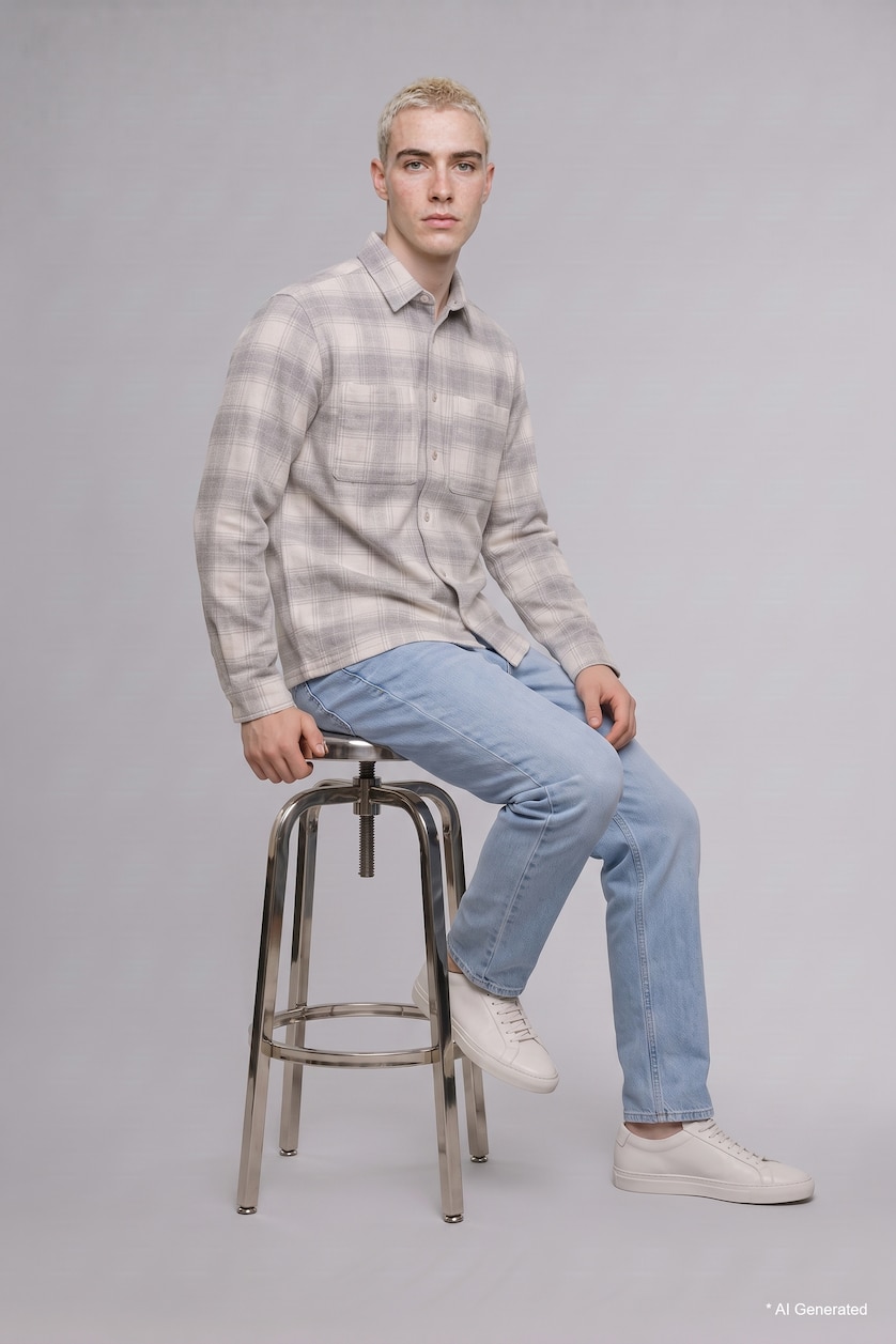 رجالي بيج فاتح Boxy Fit Long Sleeve Shirt