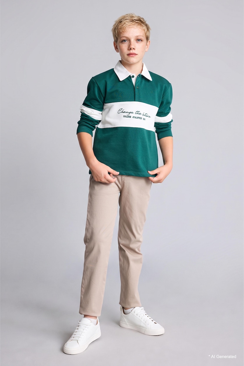 BOYS & TEENS Dark Green Boy Oversize Fit Color Block Printed Shirt Collar Sweatshirt