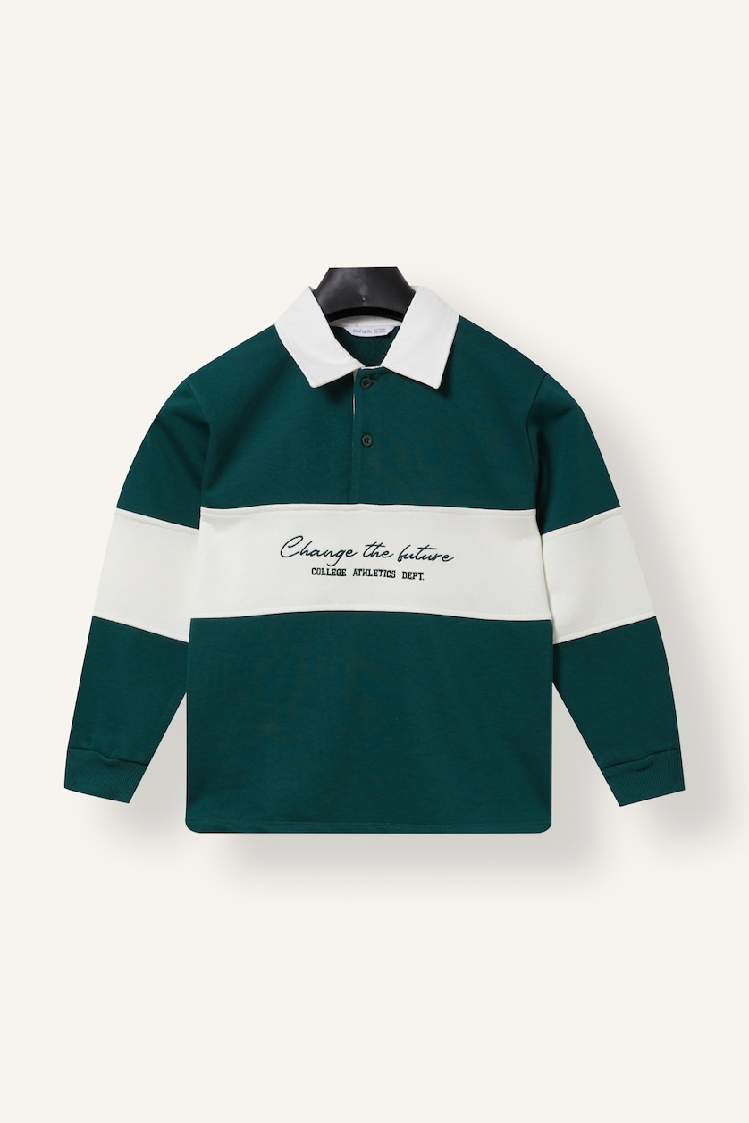BOYS & TEENS Dark Green Boy Oversize Fit Color Block Printed Shirt Collar Sweatshirt