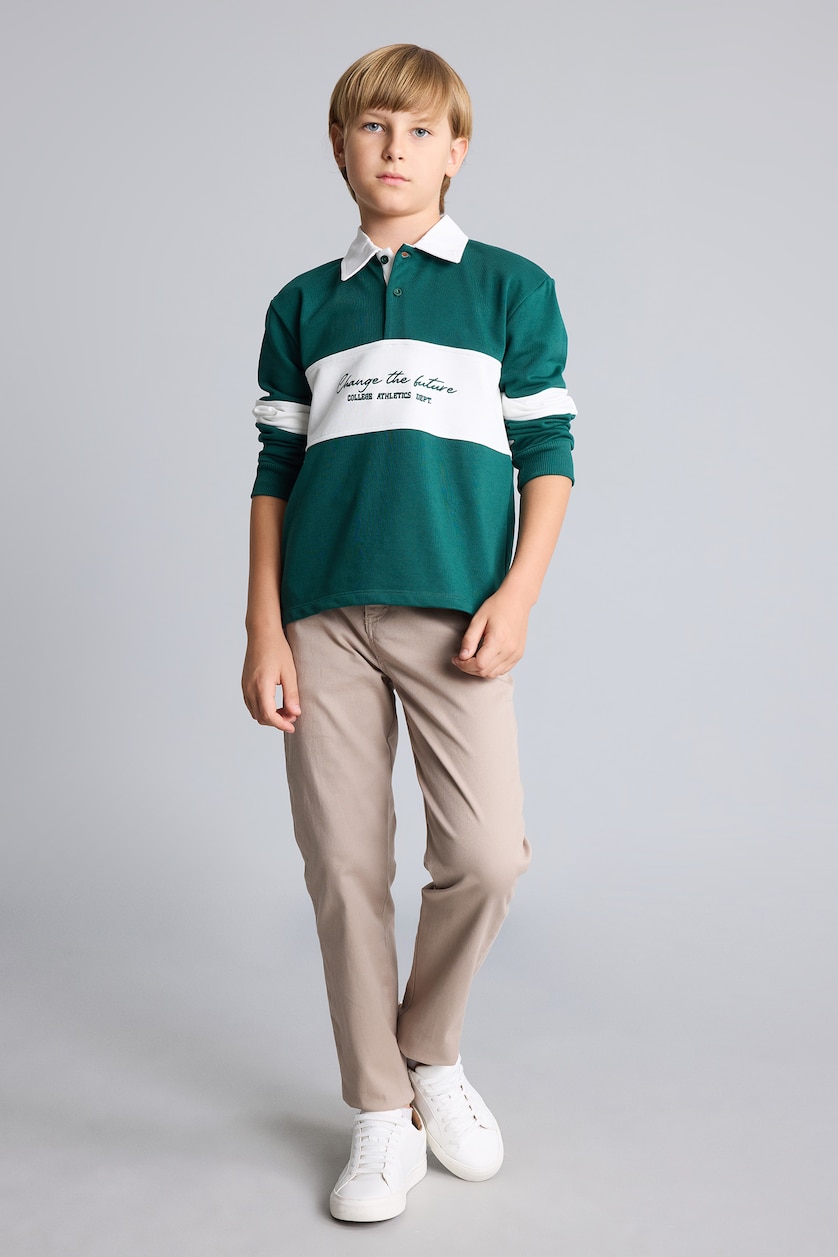 BOYS & TEENS Dark Green Boy Oversize Fit Color Block Printed Shirt Collar Sweatshirt