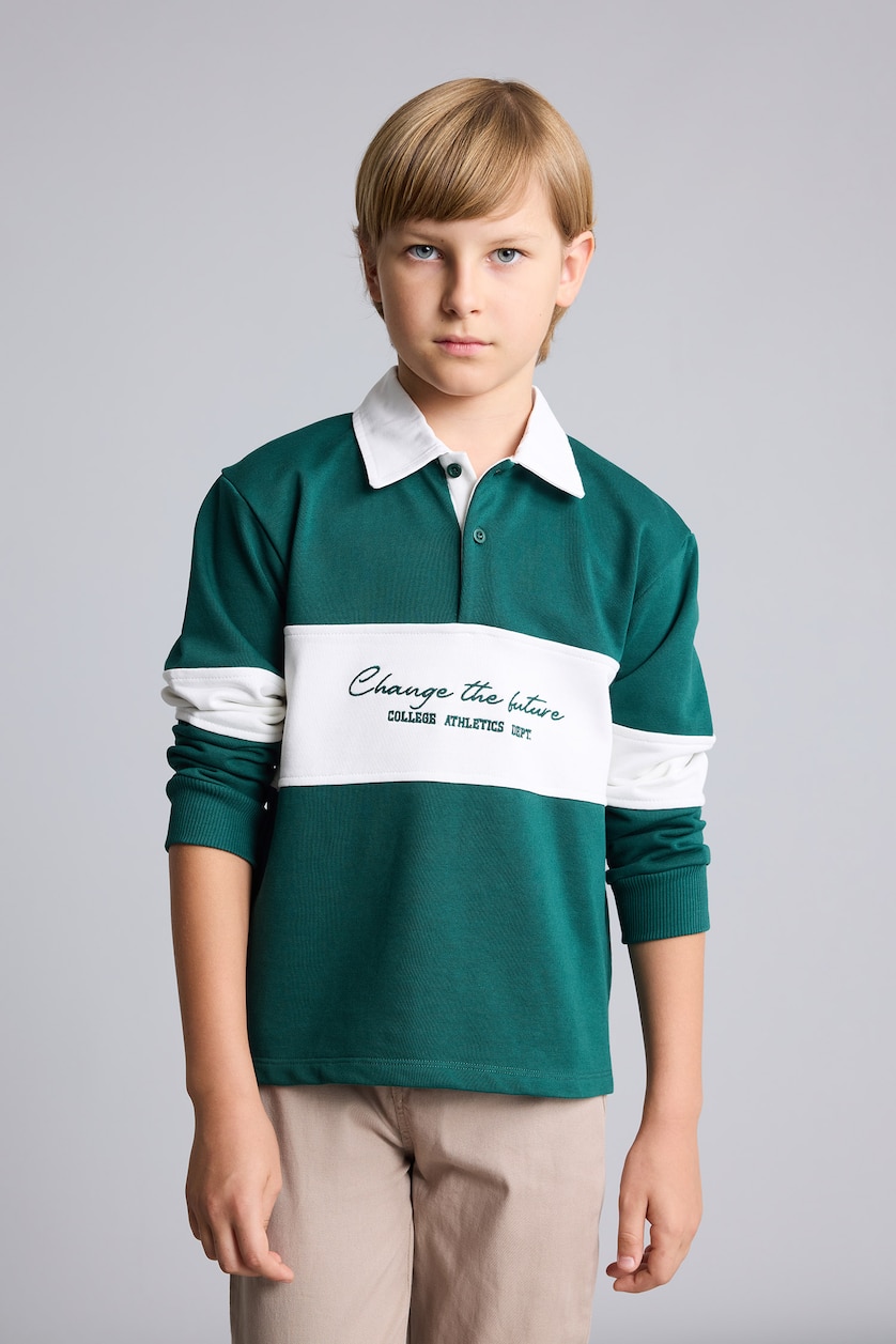 BOYS & TEENS Dark Green Boy Oversize Fit Color Block Printed Shirt Collar Sweatshirt