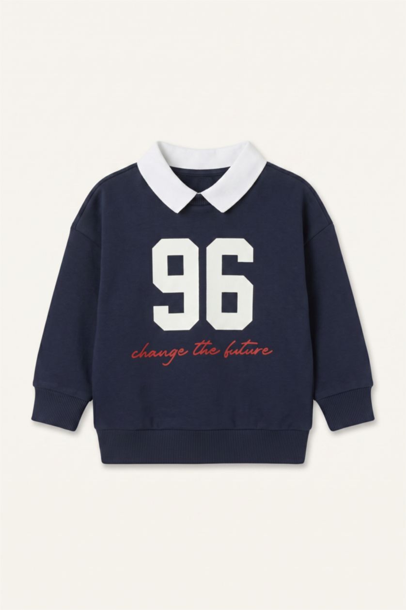 Erkek Bebek Lacivert Oversıze Polo Yaka Baskılı Sweatshirt Erkek Bebek