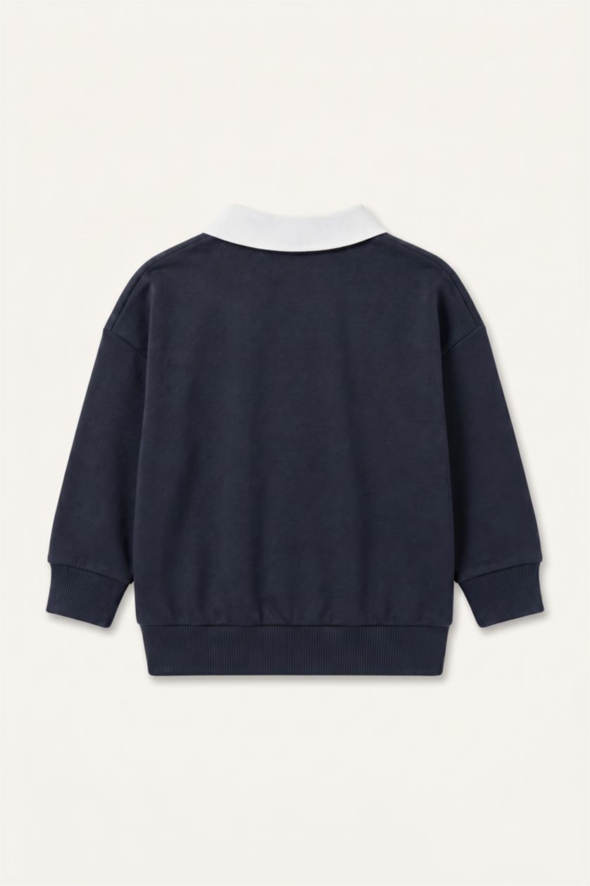 Erkek Bebek Lacivert Oversıze Polo Yaka Baskılı Sweatshirt Erkek Bebek