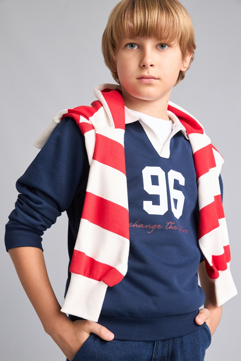 BOYS & TEENS NAVY Boy Oversize Fit Navy Printed Polo Collar Sweatshirt