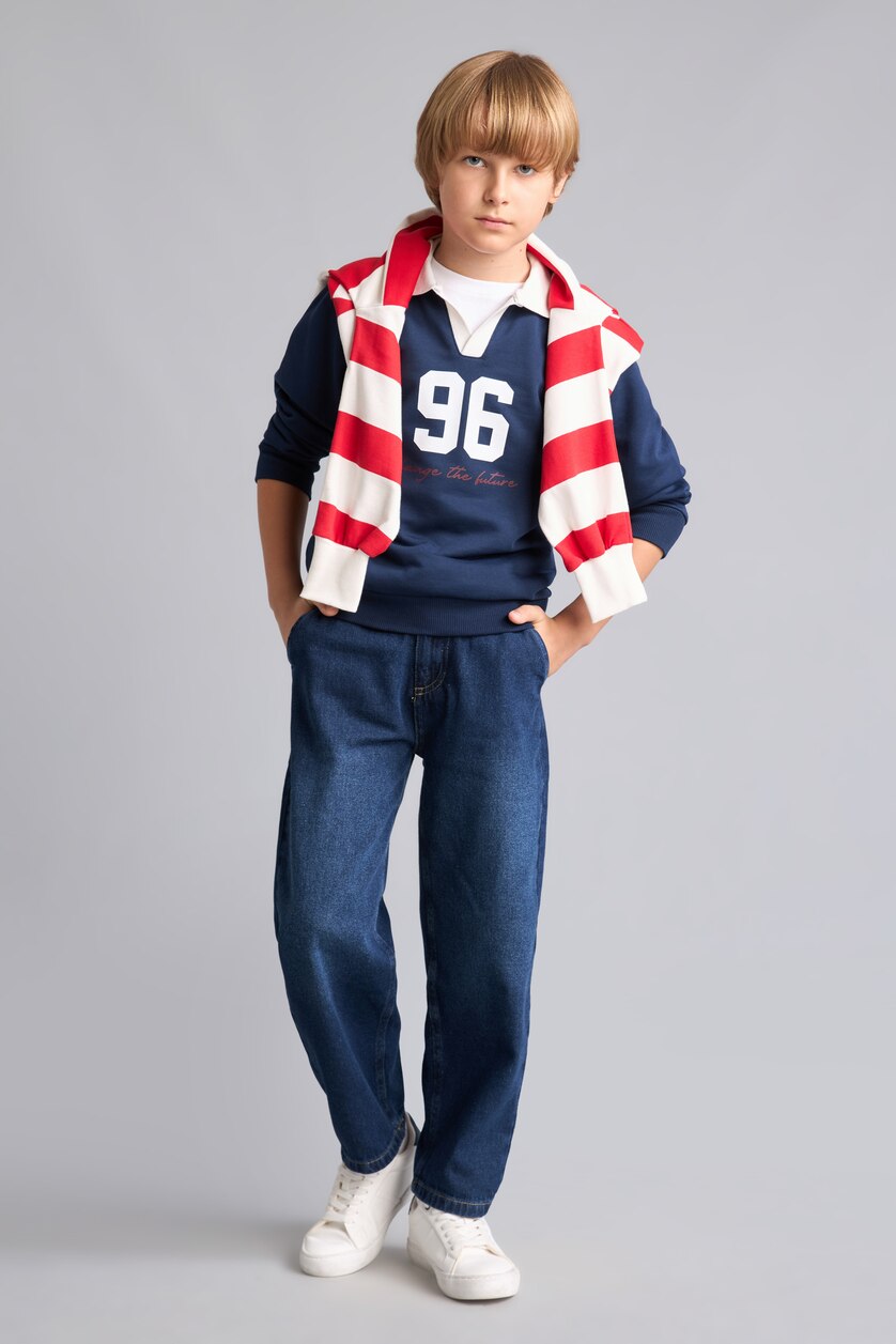 BOYS & TEENS NAVY Boy Oversize Fit Navy Printed Polo Collar Sweatshirt