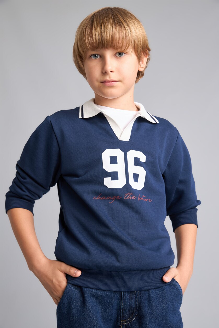 BOYS & TEENS NAVY Boy Oversize Fit Navy Printed Polo Collar Sweatshirt