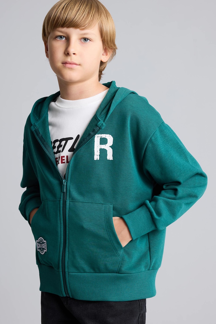 BOYS & TEENS Dark Green Boy Cotton Regular Fit Printed Hooded Cardigan