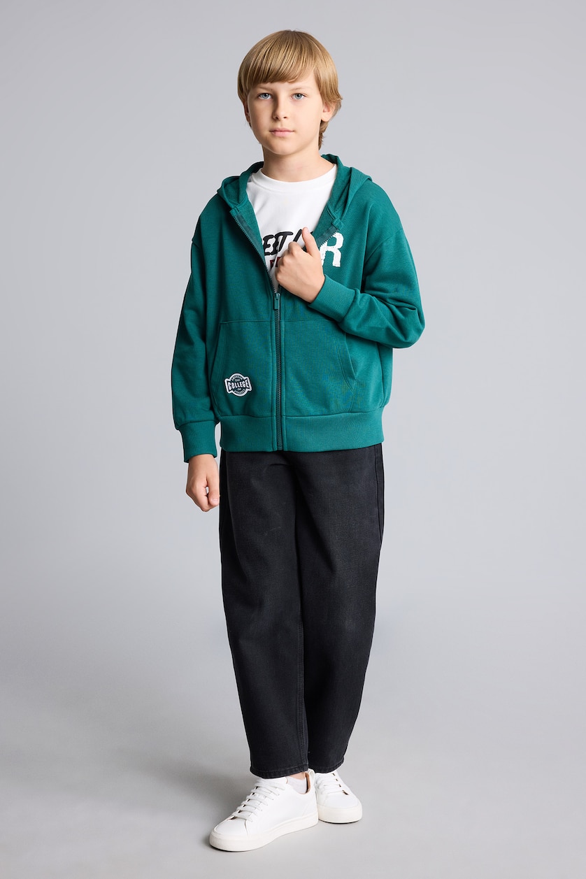 BOYS & TEENS Dark Green Boy Cotton Regular Fit Printed Hooded Cardigan