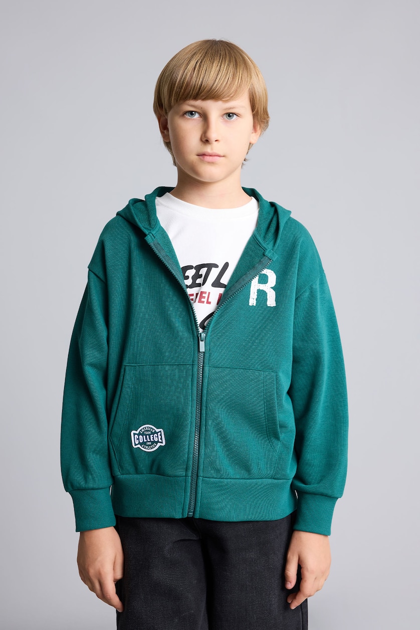 BOYS & TEENS Dark Green Boy Cotton Regular Fit Printed Hooded Cardigan