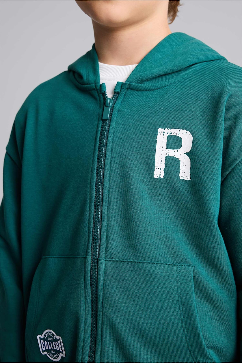 BOYS & TEENS Dark Green Boy Cotton Regular Fit Printed Hooded Cardigan