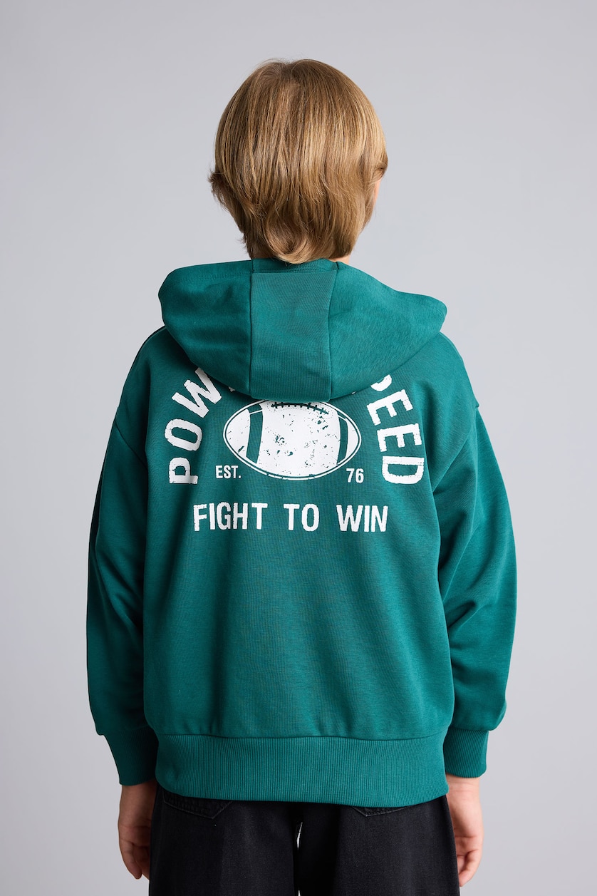 BOYS & TEENS Dark Green Boy Cotton Regular Fit Printed Hooded Cardigan