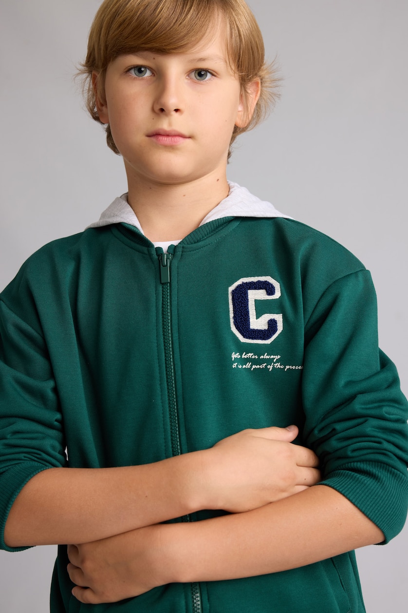 أولاد أخضر غامق Gilet vert en coton imprimé à capuche et fermeture zip pour garçon