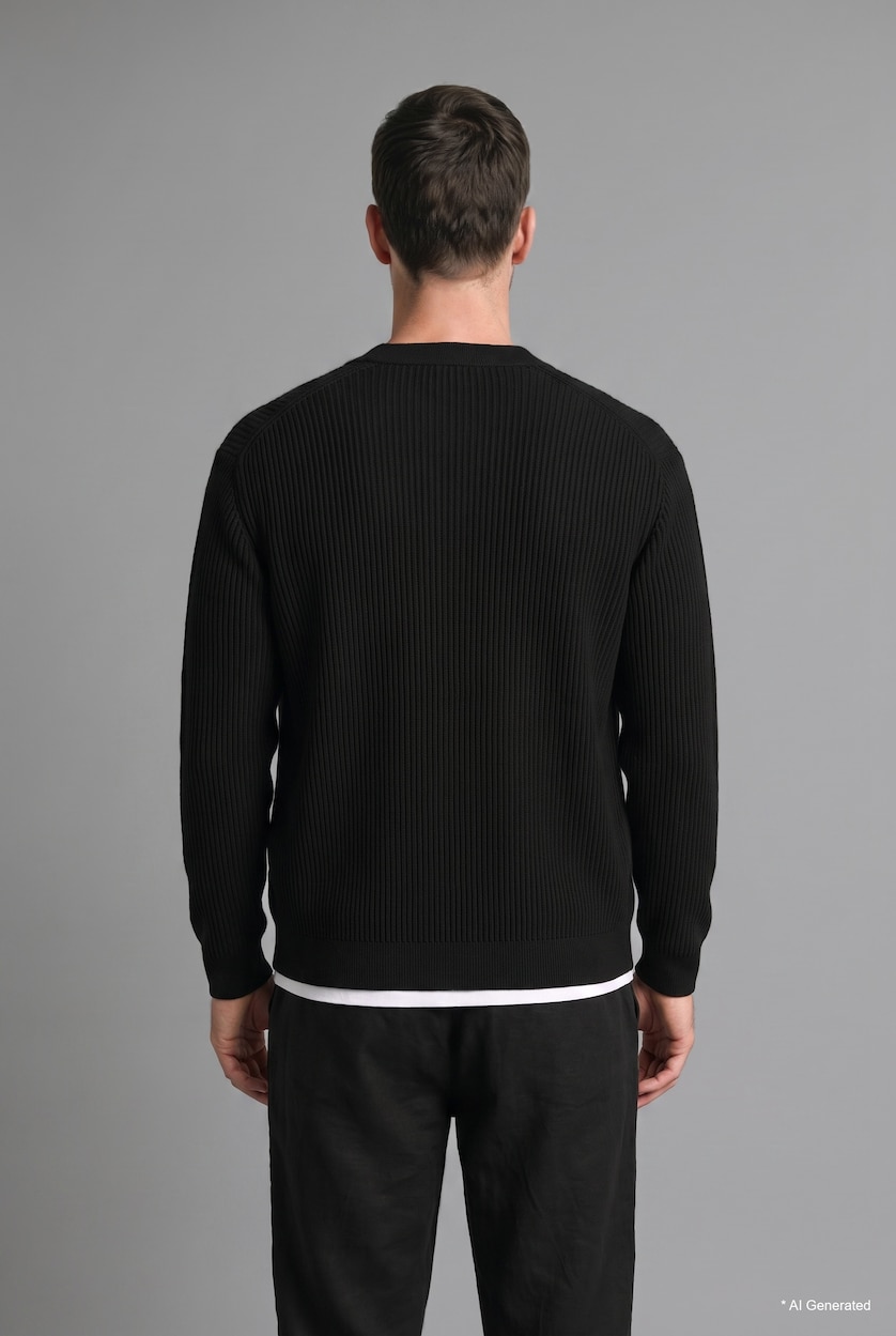 رجال أسود Standard Fit Basic Button-Up V-Neck Knit Cardigan