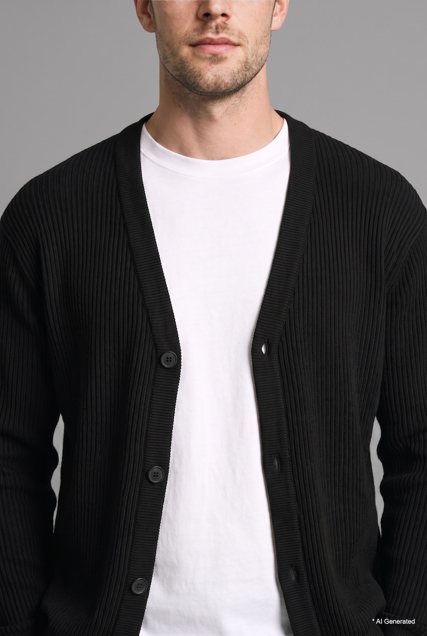رجال أسود Standard Fit Basic Button-Up V-Neck Knit Cardigan