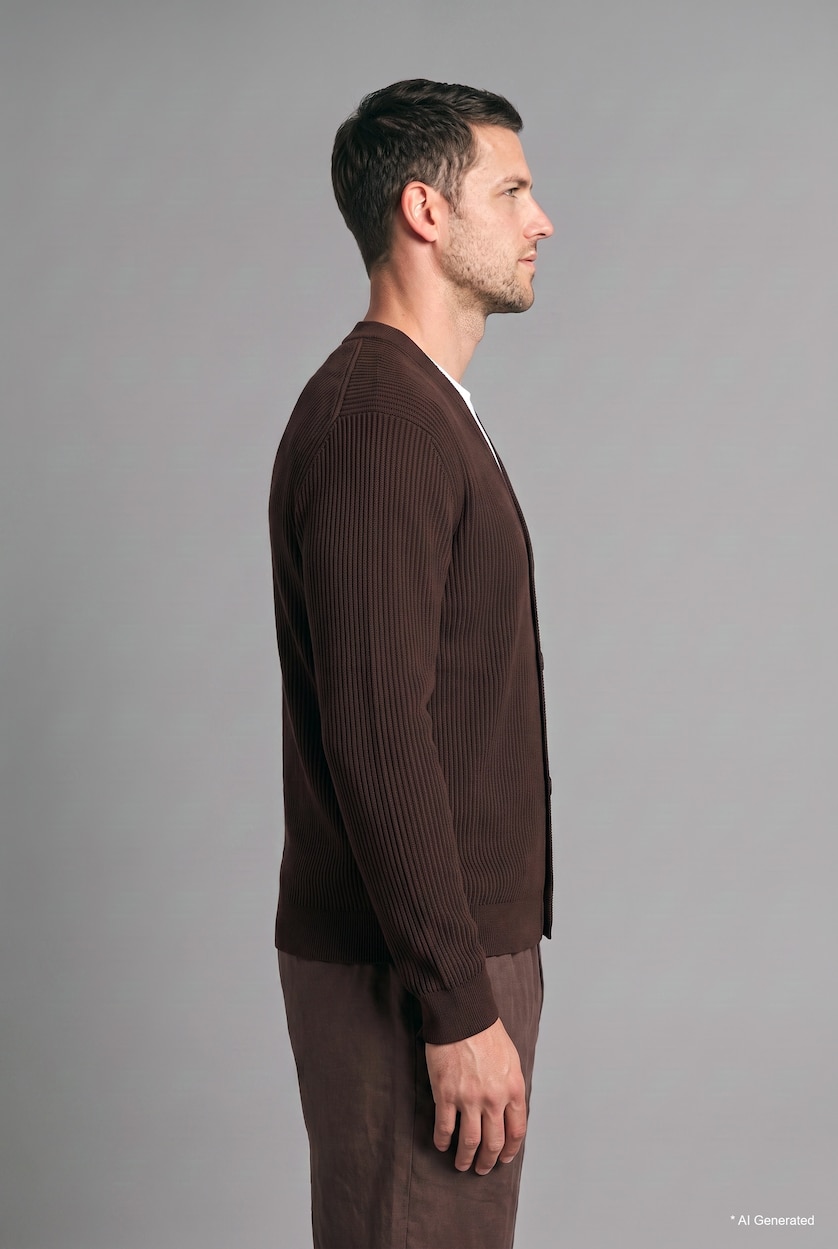 رجال بني Standard Fit Basic Button-Up V-Neck Knit Cardigan
